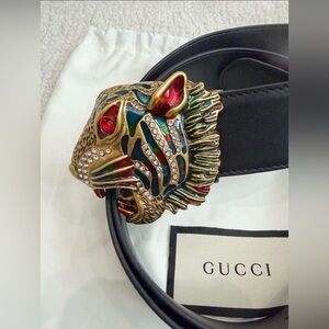 Authentic Gucci Feline Black Leather Belt with Gold Multicolour Tiger Buckle